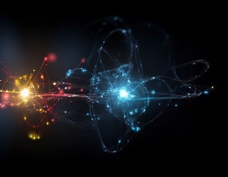 An AI-generated image showing a yellow atom reaching out to connect to a blue atom
