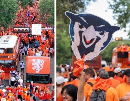 aeiral shots of thousands of Duth soccer fans around the double-decker bus; fans holding a Sammy the Owl cutout in the crowd