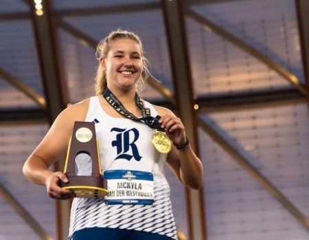 Mckyla Van der Westhuizen jumped from third to first to be crowned a National Champion in the javelin, joining a list of all-time elite athletes for Rice women's track and field Thursday evening at the 2026 NCAA Outdoor Championships in Eugene, Oregon.