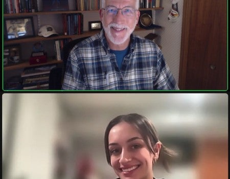 Jeff Russell (top) and Priya Armour (bottom) meet during a Zoom call to discuss their project.
