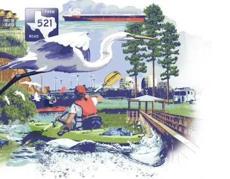 A collage depicting birding, kayaking and other coastal area recreation