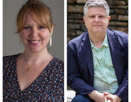 A headshot of a white woman and another of a white male
