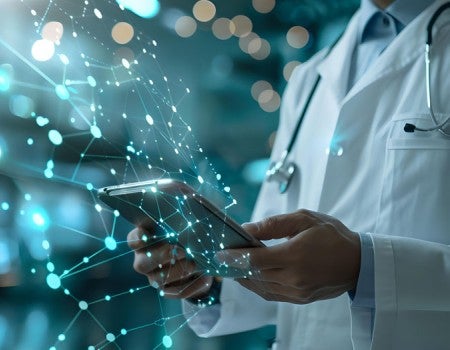 Doctor using a tablet with abstract digital connections, symbolizing modern healthcare technology and innovation. Ideal for medical tech, healthcare advancements, and digital health concepts.