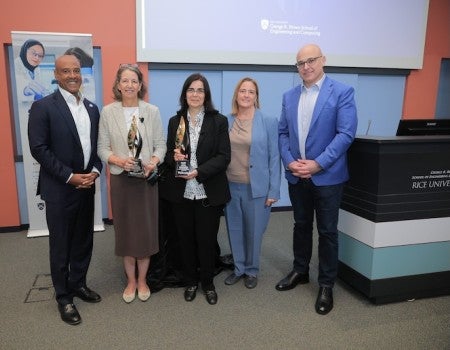 From left to right, Reginald DesRoches, Rebecca Richards-Kortum, Lydia Kavraki, Amy Dittmar and Luay Nakhleh. 