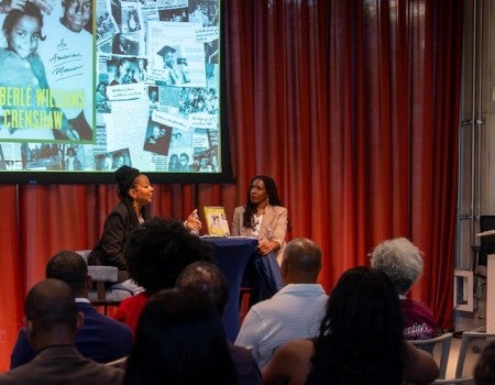 Kimberlé Crenshaw, left, speaks with Rice sociologist Elizabeth Hordge-Freeman during a Sept. 14 event hosted by the Department of Sociology. Their conversation explored the experiences that shaped Crenshaw’s scholarship, including her groundbreaking work on critical race theory and intersectionality.