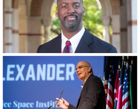 Two headshots: one of a middle aged black man and one of a bald white man
