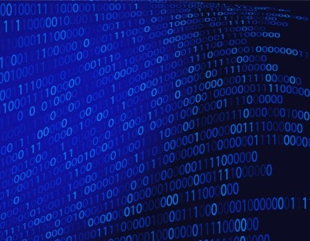 Abstract digital graphic with flowing rows of blue binary digits on a dark blue background.