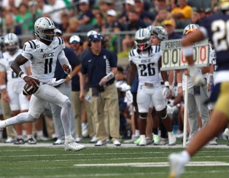 Rice quarterback Jacurri Brown runs the ball against Notre Dame Sept. 12, 2026.