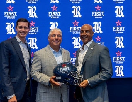 From left: Eric George, Rice interim athletic director; TJ Tijerina, president and CEO of First Community; and Rice President Reginald DesRoches. (Photos by Jared Jones)