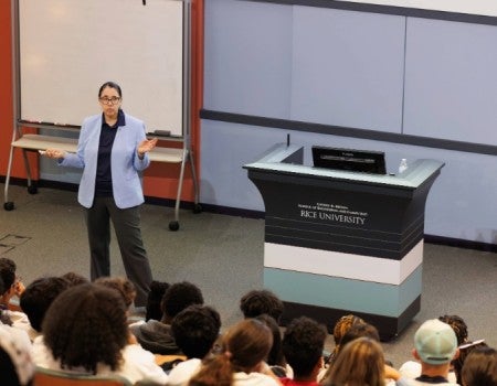 Karen Lozano teaching in a lecture hall at Rice. 