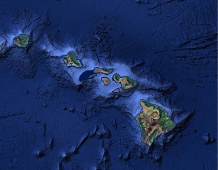 An image of the Hawaiian island with geographic features and water depth overlaid as a heat map.