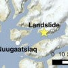 An overview by the U.S. Geological Survey shows the location of the Nuugaatsiaq landslide (yellow star) relative to five broadband seismic stations (pink triangles) within 500 km of the landslide. Nuugaatsiaq (NUUG) was impacted by the resulting tsunami the reached a height of 300 feet at sea, though it was much lower before it reached the village. The inset shows the geometry of the fjords relative to the landslide and Nuugaatsiaq. (Source: USGS)