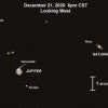 A view showing how the Jupiter-Saturn conjunction will appear in a telescope pointed toward the western horizon at 6 p.m. CST, Dec. 21, 2020. The image is adapted from graphics by open-source planetarium software Stellarium. (This work, "jupsat1," is adapted from Stellarium by Patrick Hartigan, used under GPL-2.0, and provided under CC BY 4.0 courtesy of Patrick Hartigan)