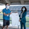 Harris County Judge Lina Hidalgo visited the popular polling place in Rice Stadium Oct. 20 and was presented with a “Rice Votes” T-shirt by Hanszen College junior Mason Reece, the election judge for Precinct 361.