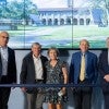 Ready to cut the ribbon to dedicate Maxfield Hall, from left, Dean Luay Nakhleh, President David Leebron, Robert and Katherine Maxfield, and Board of Trustees Chair Robert Ladd. Photo by Jeff Fitlow