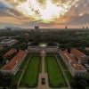 Sunrise aerial with Lovett Hall and Houston skyline