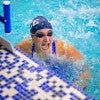 Arielle Hayon reacts after completing her second career sweep of the butterfly with a school-record effort during the American Athletic Conference Championships this past weekend.