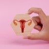 A white hand hold a hexagon tile on which is a picture of a uterus