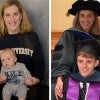 Mikki Hebl sits wirth her son Jacon as a baby in a Rice sweatshort side-by-side with a current phot of them sitting in the same position with the Rice commencement regalia on 