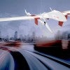 drone against urban backdrop with contour of the world map projected above the skyline 