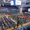 Students gather in Tudor Fieldhouse for the faculty address. 