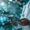 Doctor using a tablet with abstract digital connections, symbolizing modern healthcare technology and innovation. Ideal for medical tech, healthcare advancements, and digital health concepts.