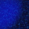 Abstract digital graphic with flowing rows of blue binary digits on a dark blue background. 