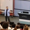 Karen Lozano teaching in a lecture hall at Rice. 