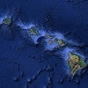 An image of the Hawaiian island with geographic features and water depth overlaid as a heat map. 